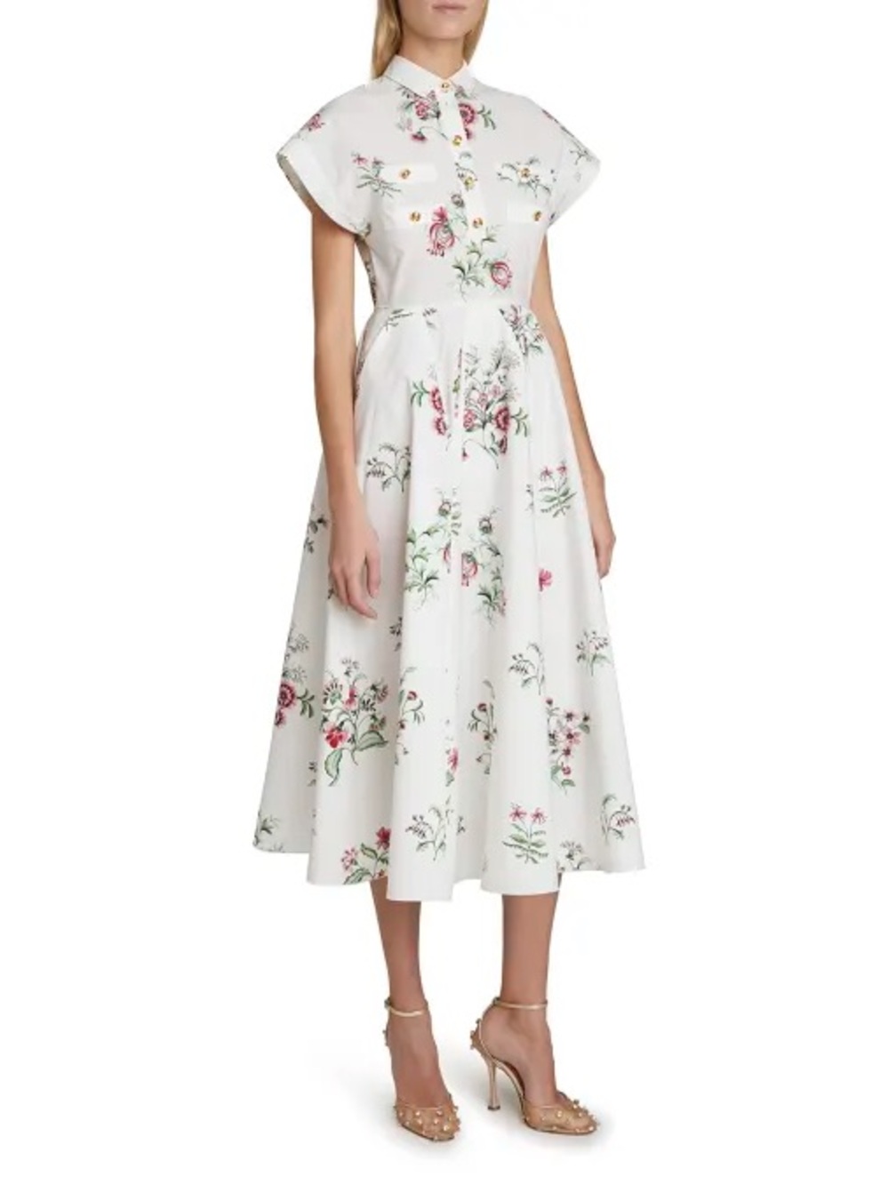 Ivory Floral Maxi Shirt Dress with Pink & Green Print